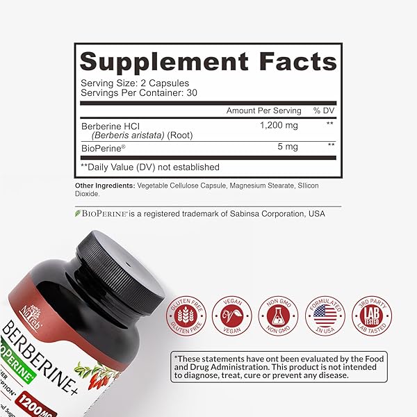 NUTREB BERBERINE SUPPLEMENT 1200MG – 5X HIGHER ABSORPTION – ULTRA PURE 98% BERBERINE HCL – HEALTHY WEIGHT MANAGEMENT, IMMUNE SUPPORT – NON GMO, MANUFACTURED IN USA – 60 VEGAN CAPSULES