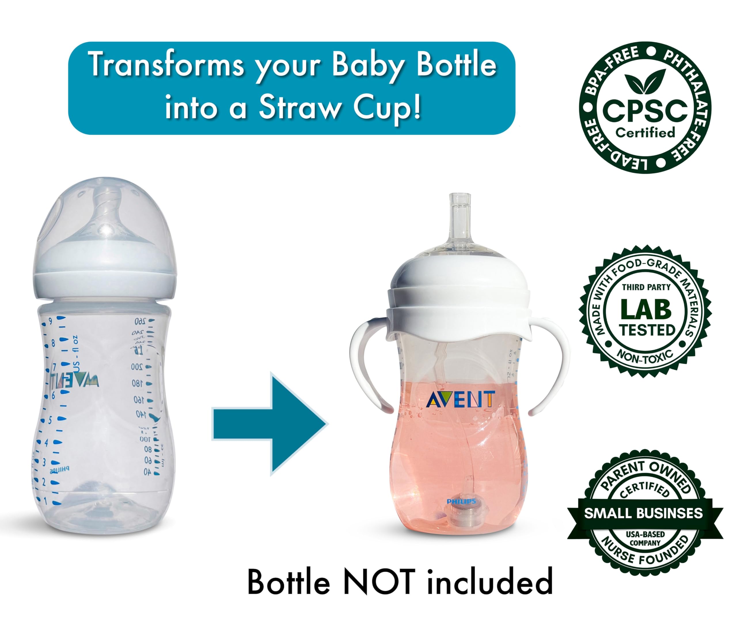 Straw Cup Conversion Kit for Philips Avent Natural Baby Bottles 2-Count, Food Grade Silicone Straw Nipples and Weighted Straw, Bottle Handles, Cleaning Brush, BPA-Free, Sippy Transition, 6+ Months