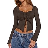AIMCOO Women's Long Bell Sleeve Tops Tie Front Crop Top 2025 Sexy Y2K Sweetheart Neck Going Out T Shirts Tees