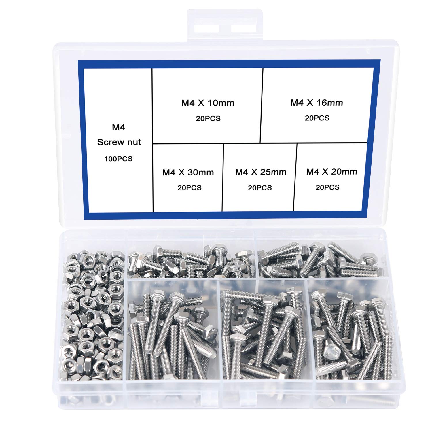 200pcs M4 Nuts and Bolts Set Outer Corner Hexagonal Screws 304 Stainless Steel Hex Bolt Set for Machinery Industry Furniture Toys DIY Fastener