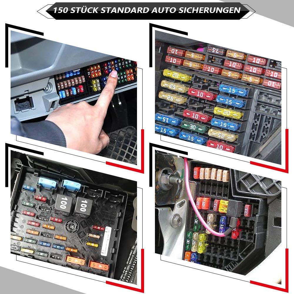 HAKACC KFZ Sicherungen Set, 150 Stück Flachsicherung KFZ Standard Auto Sicherung maßgebend Autosicherungen 2A 3A 5A 7.5A 10A 15A 20A 25A 30A 35A 40A
