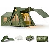 SENLEETO 8/10/12 Person Large Inflatable Tents for Camping, 4 Season Blow Up Tents with Canopy/Rainfly, Luxury Inflatable Tent House with Stove Jack, Easy Setup Inflatable Camping Tent.