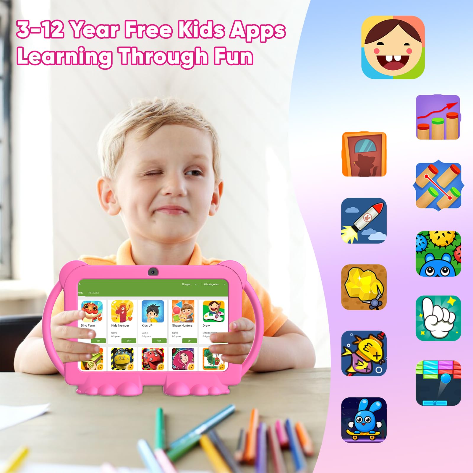 HOTTABLET Kids Tablet 7 inch Android 12, 4GB RAM 32GB ROM, 512GB Expandsion, with Parental Control, WiFi, Bluetooth, Dual Camera with Silicone Case, 1PCS(Pink)