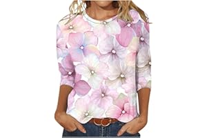 MAMIDAY 2024 Floral Printed Tops for Women Trendy 3/4 Sleeve Shirts Loose Fit Casual Dressy Blouses Soft Color Block Tees
