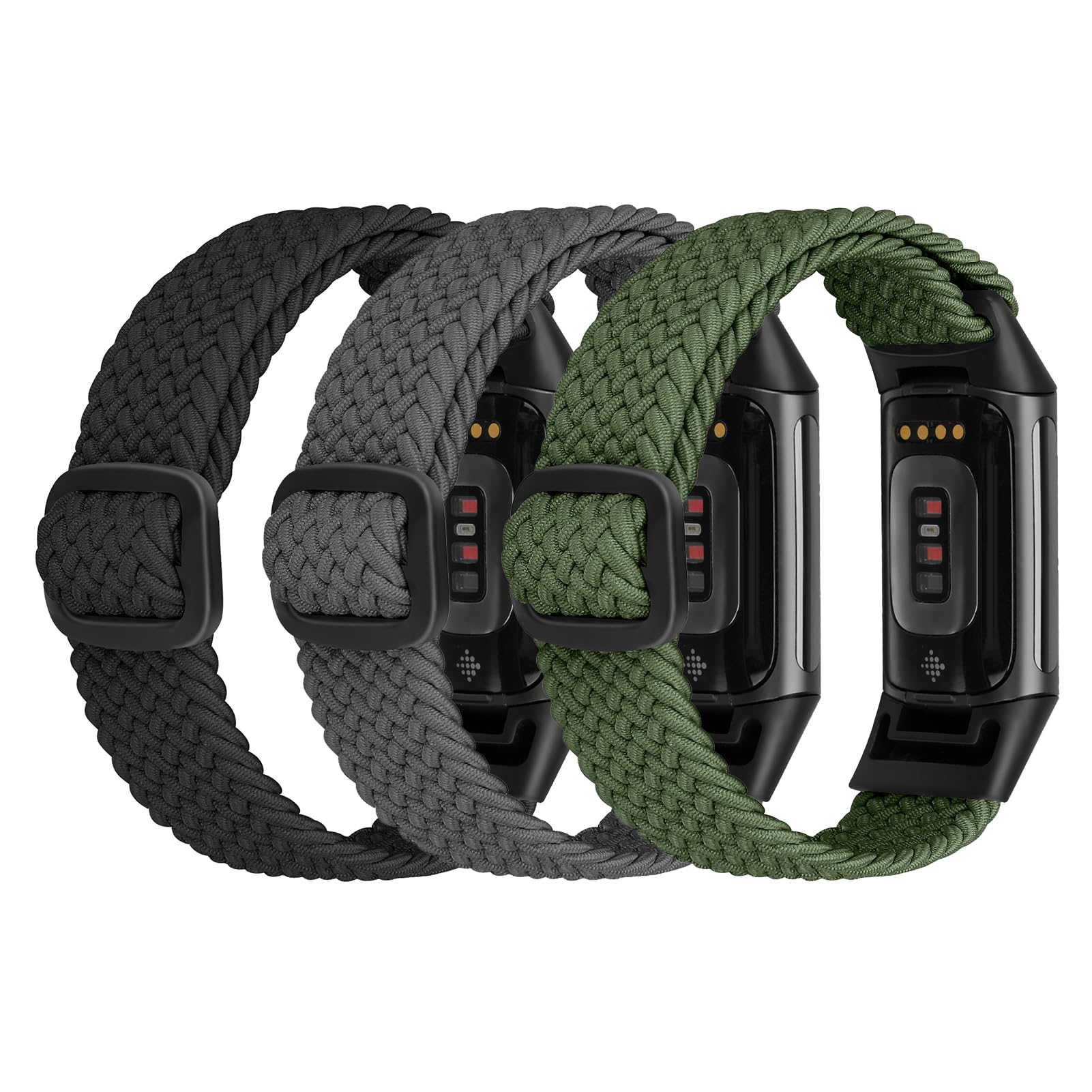 Ecogbd Elastic Nylon Replacement Strap Compatible with Fitbit Charge 5 only not Charge 6 , Soft Fabric Adjustable Breathable Sport Wristband for Women Men (Black+Dark Grey+Army Green)