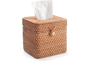 DECRAFTS Rattan Tissue Box Cover Natural Woven Facial Napkin Holder Square with Lid 5.7 x 5.7 x 5.5 Inch (Natural)