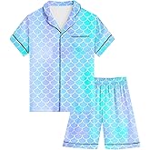Kids Girls Pajama Set Silky PJS Button-Down Sleepwear Nightwear Loungewear Clothes Set Gifts