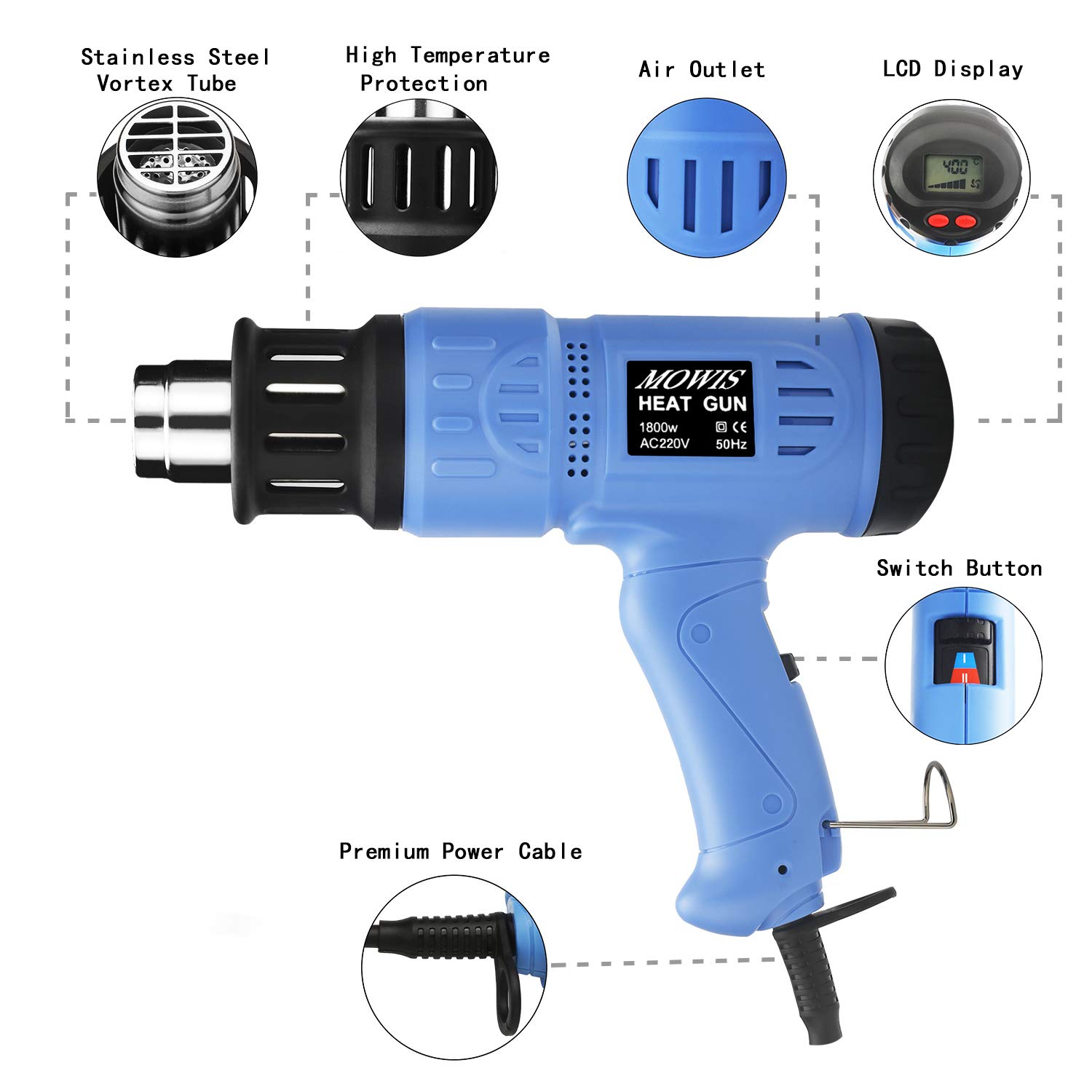 1800W Heat Gun MOWIS Professional Hot Air Gun Kits Adjustable Temperature (100-600℃) with Digital LED Display 240V 50Hz Electric Heat Gun for Shrinking PVC, Stripping Paint, DIY Embossing Shrink Wrapping Drying Paint