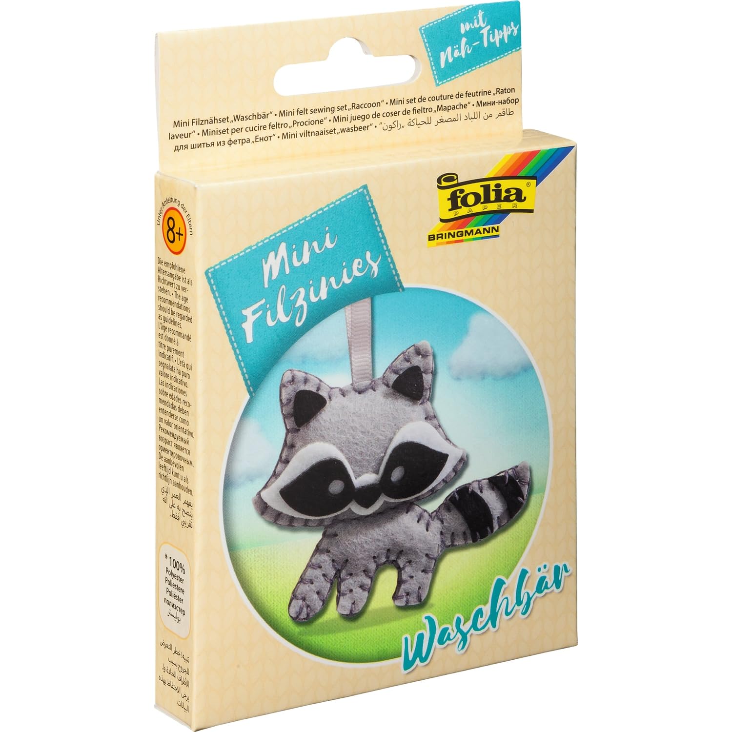 folia 52908 Felt Sewing Kit for Children's Mini Felting, Raccoon Pendant, 12 Pieces, Felt Sewing Set for Making a Self-Sewn Pendant