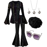 IWALUE Women 70s Disco Costume Top Pants Party with Wig Sunglasses Ball Earring Necklace