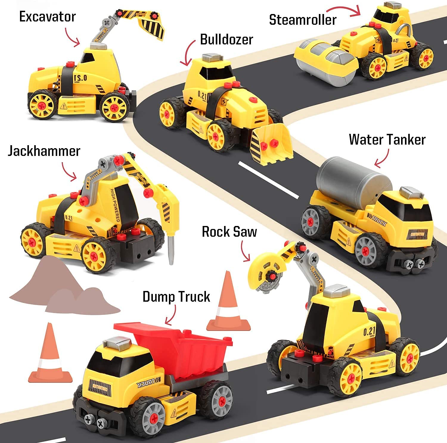 7-in-1 Take Apart Construction Toys 84pcs DIY Engineering Playset with Electric Drill, Play Mat, and Road Signs, Push & Go STEM Learning Bundle w/Lights, Sounds for Early Education, Boys and Girls 4+