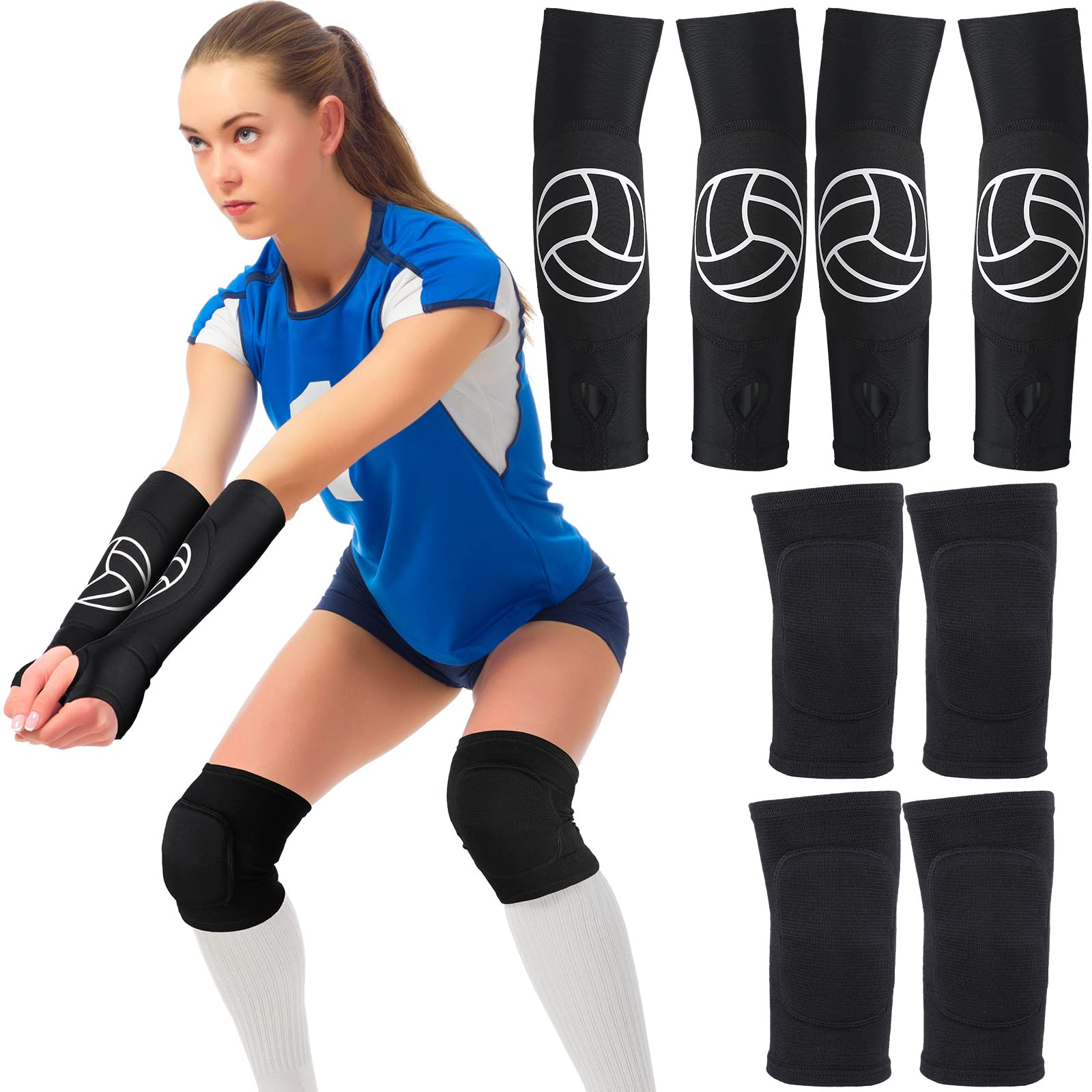 Photo 1 of Hungdao 1 Set Volleyball Knee Pad and Arm Sleeve Volleyball Accessories Stuff Forearm Elbow Sleeve Wrist Guard with Protection Pad and Thumb Hole for Women Men Adult