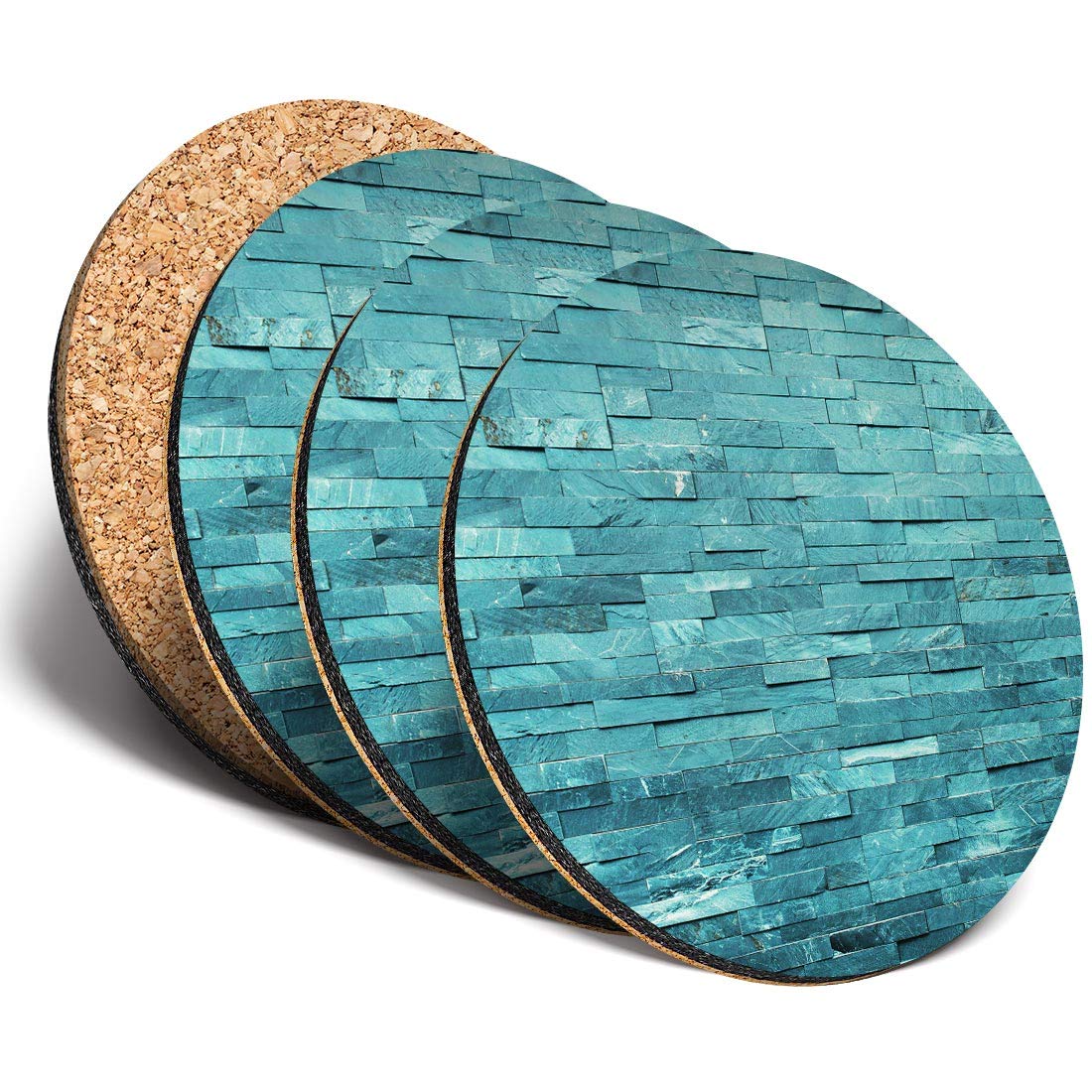 Destination Vinyl Ltd Great Coasters (Set of 4) Round - Teal Stone Wall Interior Design Drink Glossy Coasters/Tabletop Protection for Any Table Type #15835