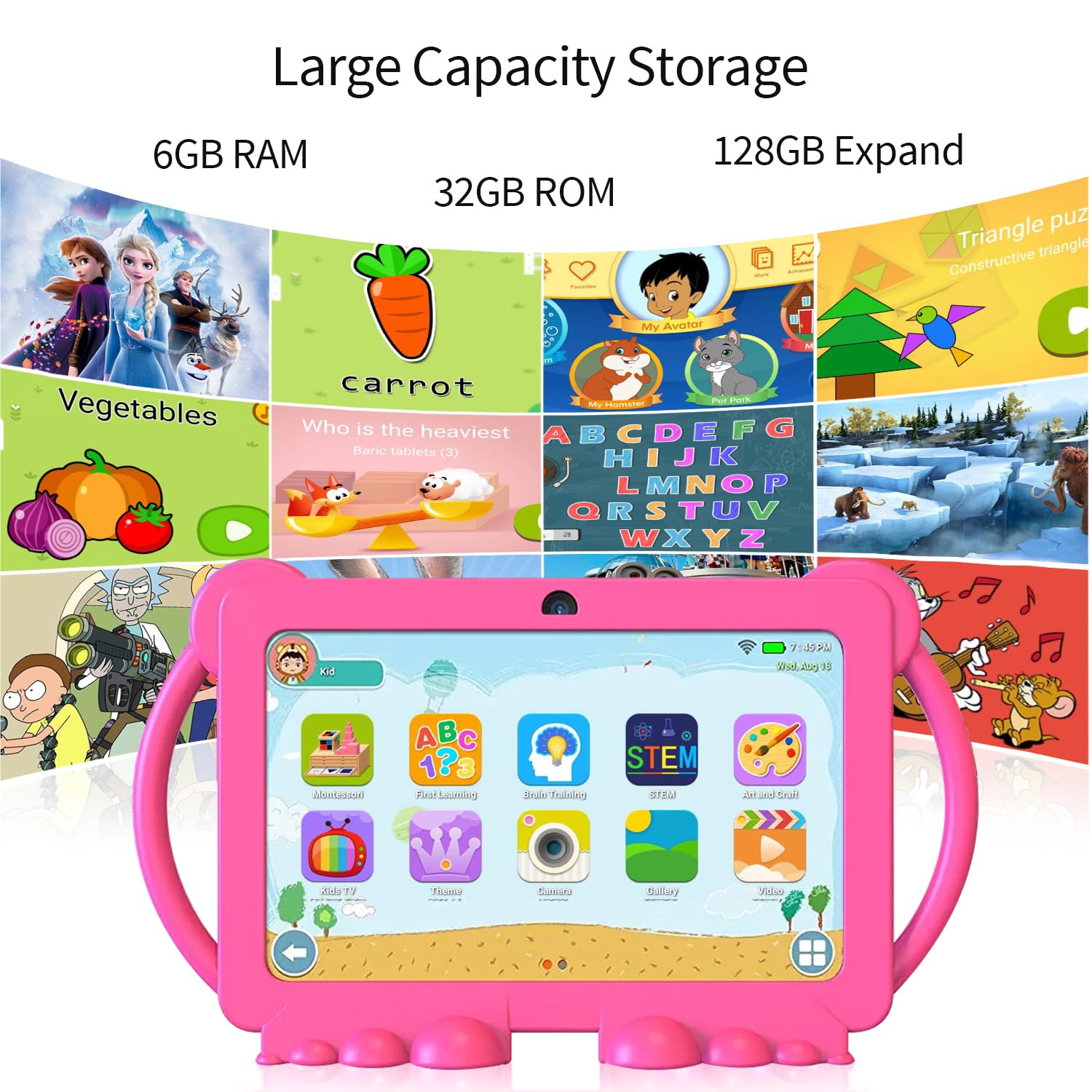 YOBANSE Kids Tablet, 7 inch Tablet for Kids 6GB RAM 32GB ROM Android 13 Bluetooth, WiFi, GMS, Parental Control, Dual Camera, Shockproof Case, Educational, Games(Pink)