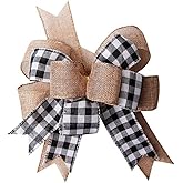 Black White Buffalo Plaid Bow Christmas Wreath Holiday DIY Crafts Door Burlap Rustic Bowknot Ornaments for Christmas Tree Topper Wedding Party Decorations, 9.4x13 in