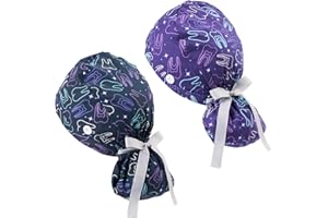 Hautton Ponytail Scrub Caps Women, 2 Pcs Surgical Nurse Hats with Buttons and Sweatband