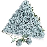LPREUTWN 30pcs Fake Roses Artificial Silk Flowers Long Stems Bouquet for Wedding Bridal Shower Party Home Decoration (Dusty Blue)