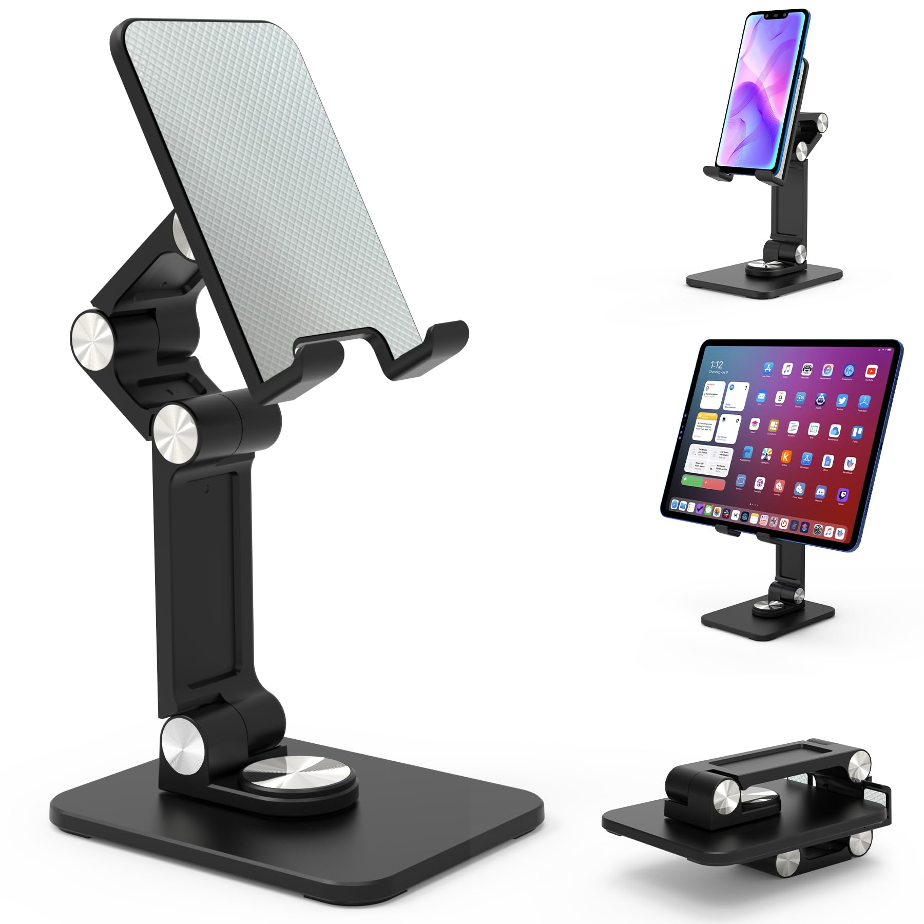 Jusanice 360 Rotating Cell Phone Stand,Folding Phone Stand,Adjustable Height and Angle Foldable Cell Phone Stand Holder for Desk, Taller iPhone Stand Compatible with iPad Smartphones Tablet (Black)