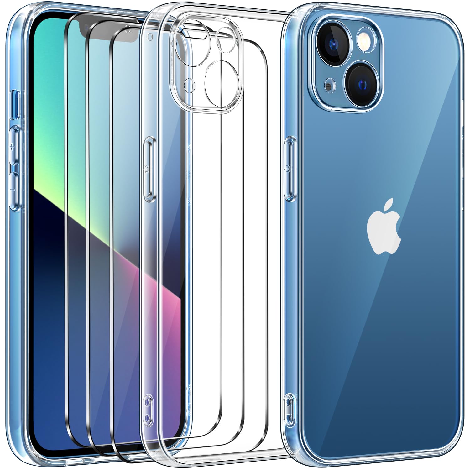 ivoler Case Compatible with iPhone 13 6.1 inch, with 3 pack Glass Screen Protector, Transparent Soft TPU Silicone Protective Shockproof Clear Cover