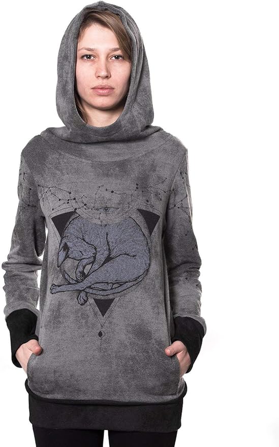 Women's Street Style Comfy Tunic Hoodie with Exclusive Artistic Design Acid Wash Grey and