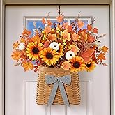 Dingion Fall Orange Sunflower Basket Wreaths for Front Door 16.5x14 Inch Autumn Artificial Sunflower Harvest Hanging Wall Basket for Outdoors Thanksgiving Porch Patio Yard Farmhouse Decor
