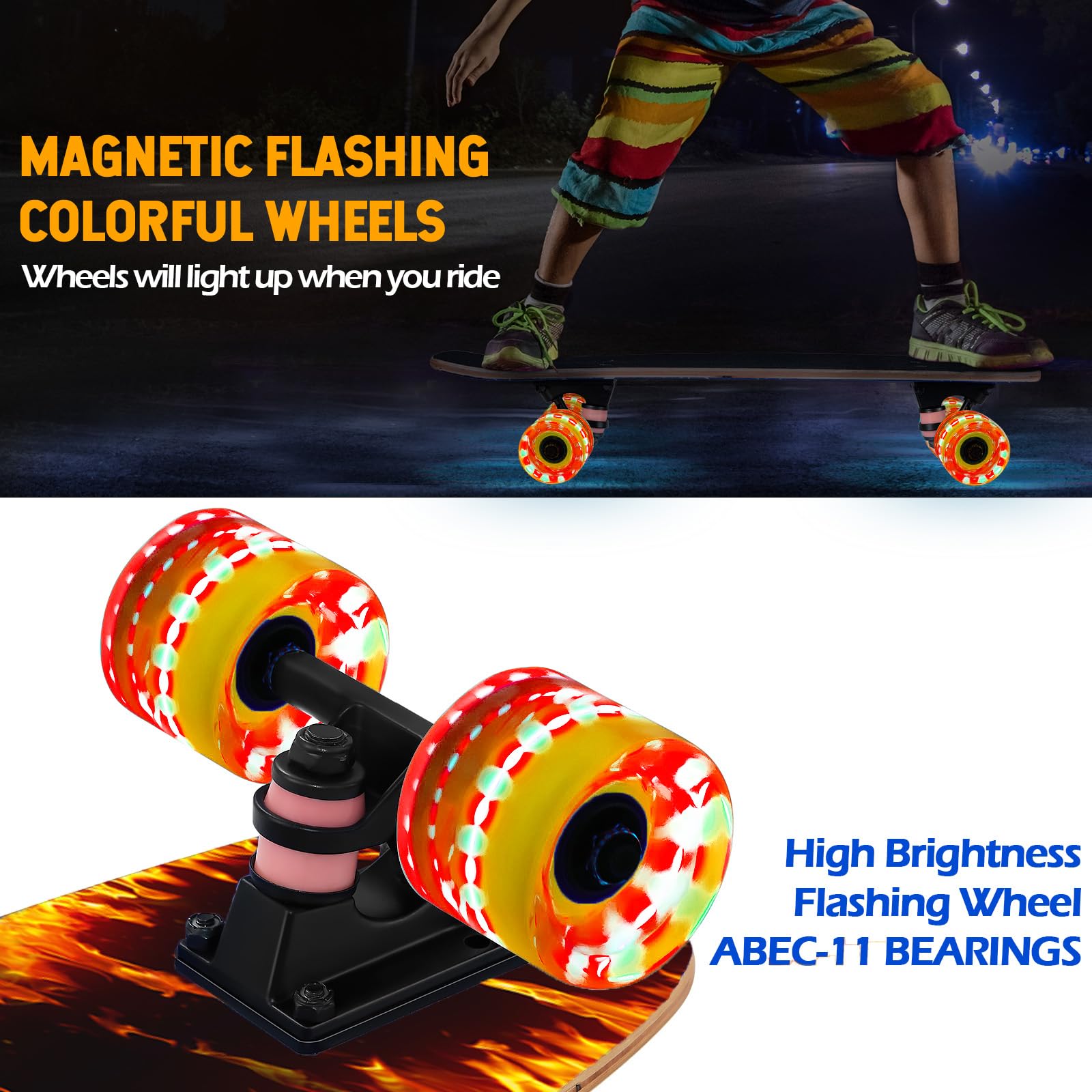 GIEEU Skateboards with Colorful Flashing Wheels for Beginners,Kids,Teens,Adults, Complete Standard Skate Boards 9 Layer Canadian Maple Deck Concave Skateboard