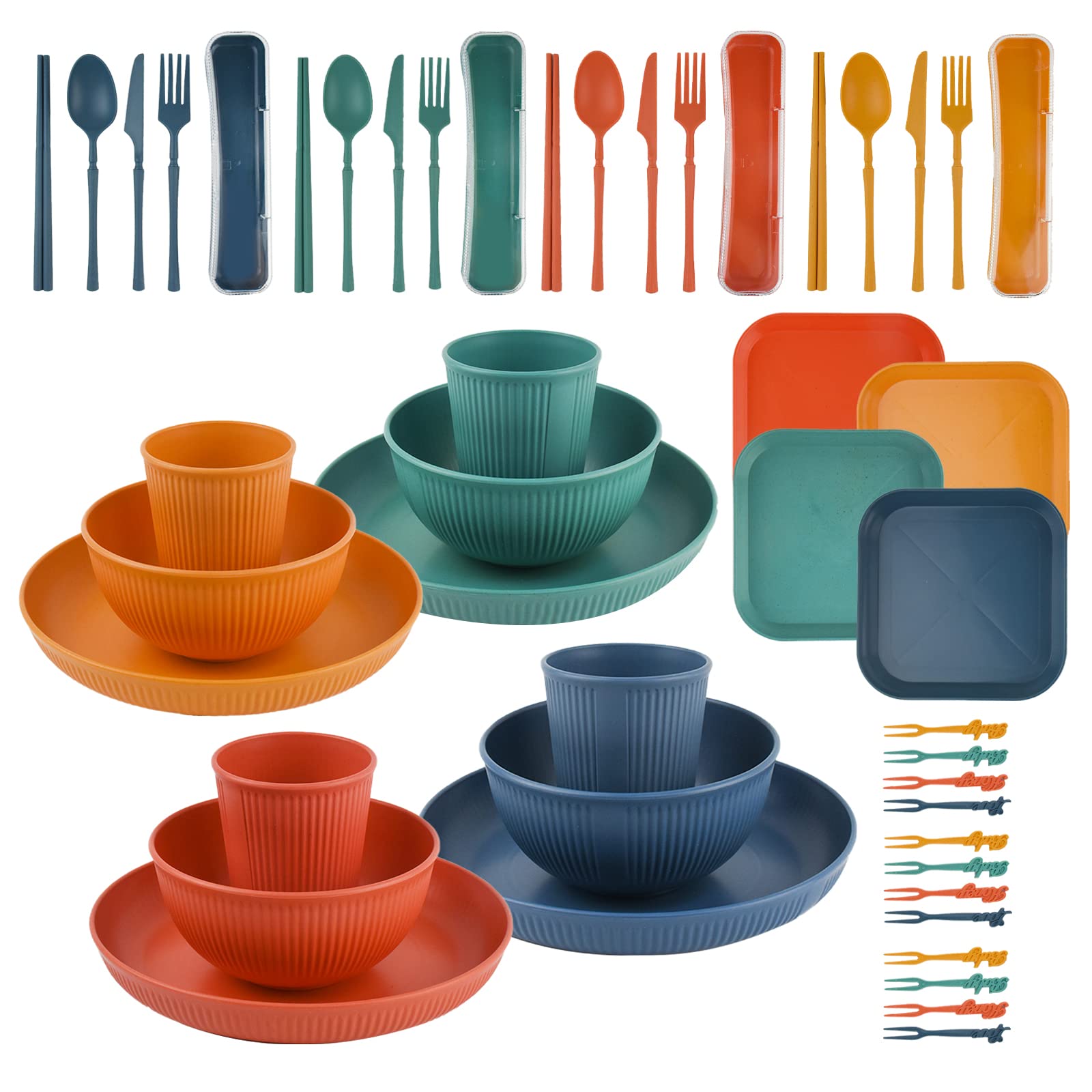 Camping Plates and Bowls Set, Coriver 48 Pcs Unbreakable Lightweight Camping Set for 4 People, Reusable Plastic Dinner Set with Plates, Bowls, Cups, Camping Crockery Sets for Dinner Party Picnic