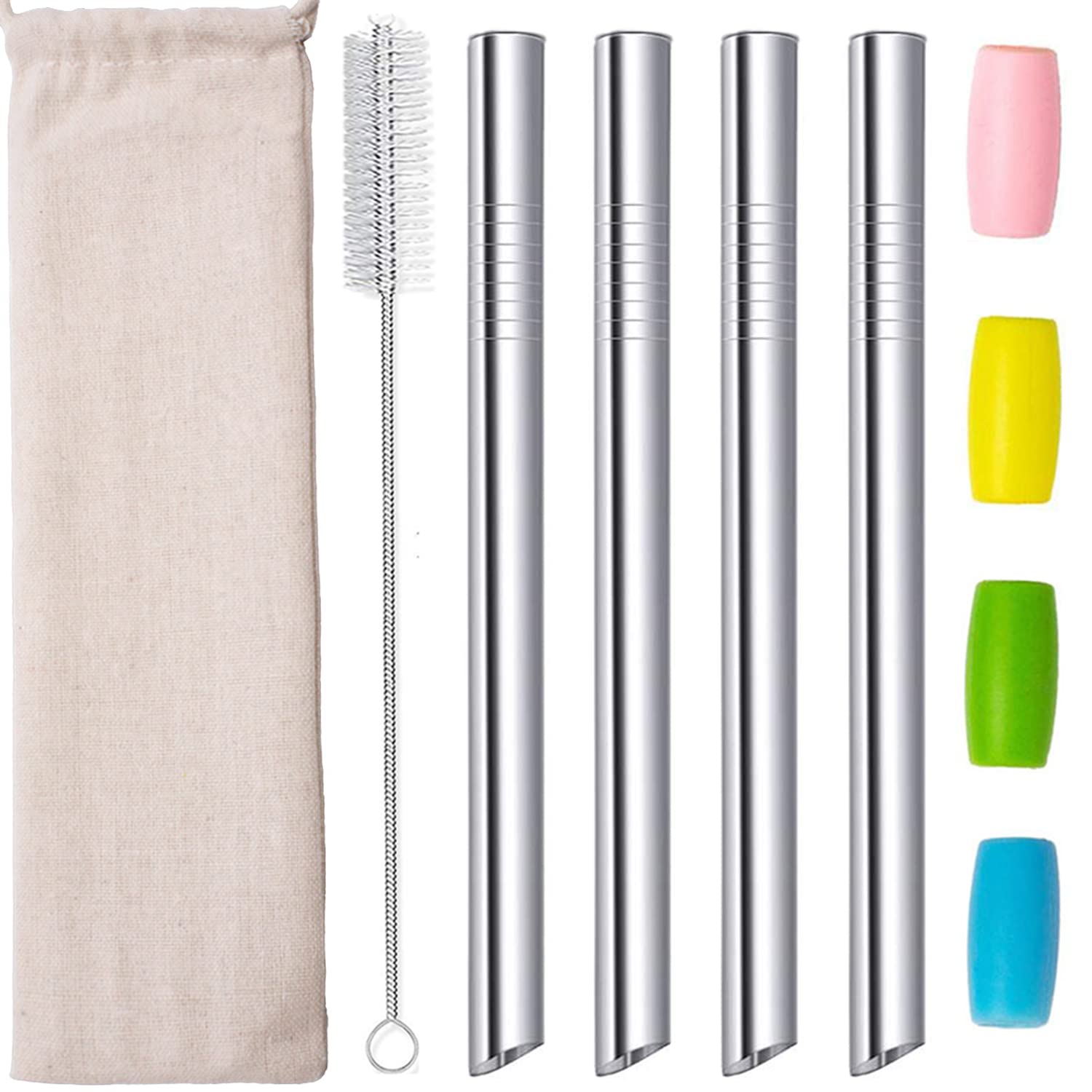 Reusable Stainless Steel Boba Straws Metal Iron Angled Tips Smoothie Tapioca Pearl Milk Tea Milkshake Bubble Tea Straw 0.5" with Bag Silicone Tip Brush 8.5" 4pc