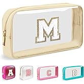 Small Clear Personalized Initial Makeup Bag,Nylon Preppy A-Z Chenille Letter Patch Cosmetic Pouch Beach Toiletry Bag,Waterproof Zipper Travel Purse Storage Bag Organizer for Women Girls(Beige-White M)