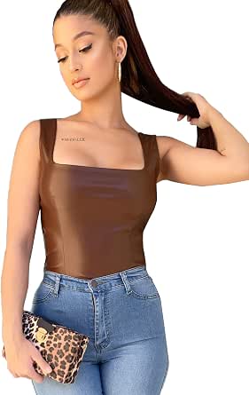 SheIn Camiseta sin mangas de piel sintética con cuello cuadrado y  cremallera trasera para mujer : Ropa, Zapatos y Joyería - Amazon.com
