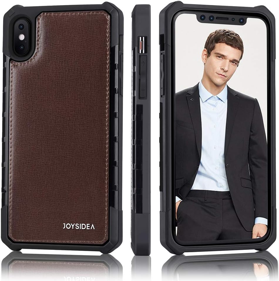 JOYSIDEA iPhone XR Leather Case, Luxury Genuine Leather Military Grade Protective Cover, Slim Full-Body Shockproof Anti-Slip Hybrid Bumper for iPhone XR 6.1”, Brown