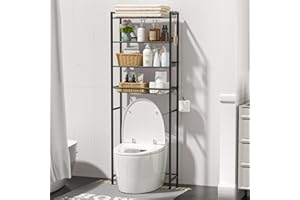 ASHLEYRIVER Over The Toilet Storage Rack, 4-Tier Storage Rack Toilet Adjustable Shelf Rack with Hooks & Roll Holder,Steel Black