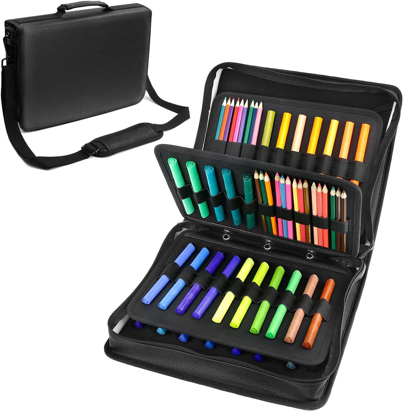 180 Colored Pencils Case / 140 Gel Pens Bag - YOUSHARES PU Leather Colored Pencil & Gel Pen Case with Zipper Holds - Artist use Supply School Large Capacity Professional Storage（Black）