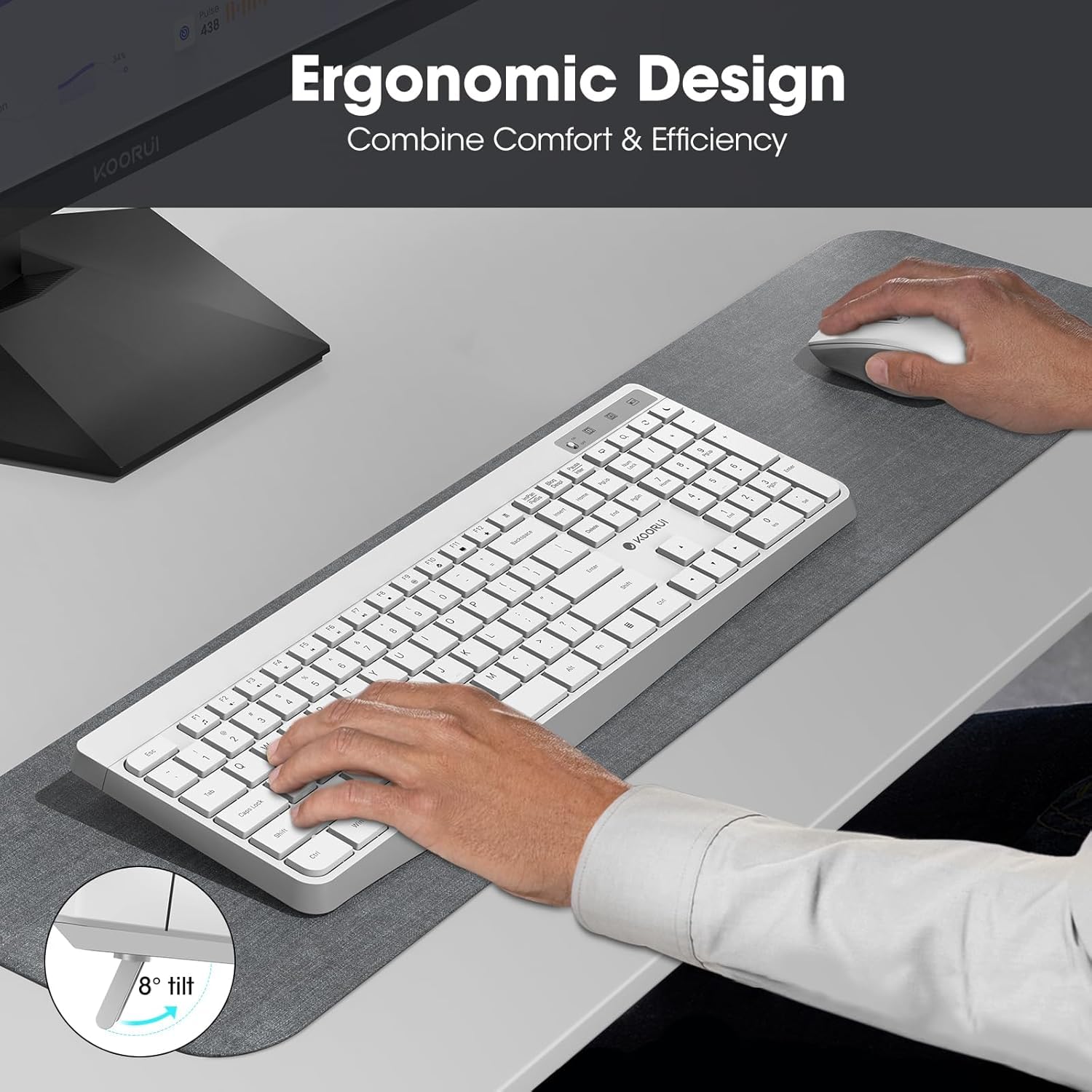 Wireless Keyboard and Mouse Combo,KOORUI 2.4G Silent Full Size Ergonomic Keyboard with 12 Shortcut Keys & 3DPI Mouse,Cordless,Compatible for Laptop/PC/Windows/Mac (White)