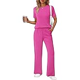 Ekouaer Lounge Sets for Women 2 Piece Matching Travel Outfits 2026 Loose Short Sleeve Top Wide Leg Pants Pockets