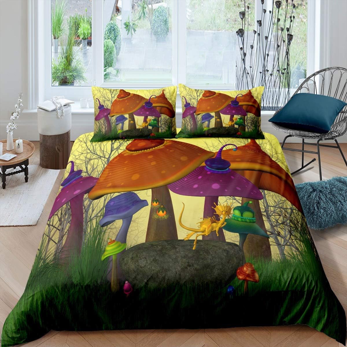 Mushroom Bedding Set Botanical Plants Print Comforter Cover for Kids