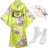 Japanese Anime Women's Kimono Robe Geisha Yukata Sweet Dress Blossom Satin Bathrobe Sleepwear Fans Tabi Socks Set