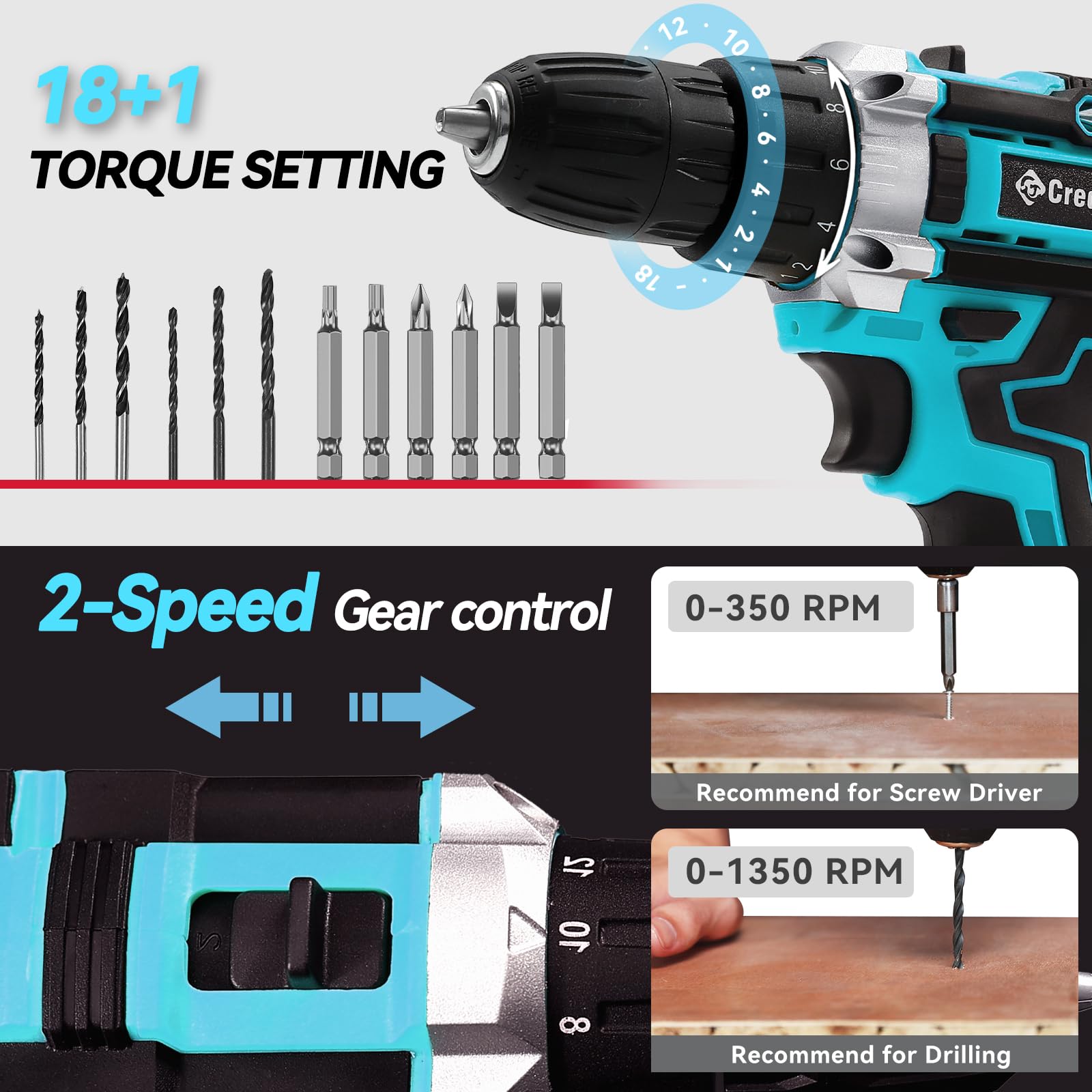 Creddux Cordless Drill Set 21v Power Drill Cordless With Battery & Charger, 84pcs Accessories Electric Drills Variable Speed, 3/8