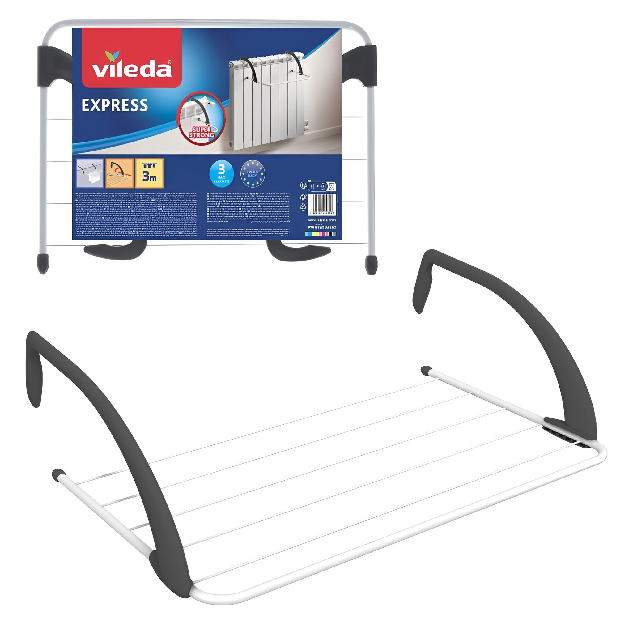 Vileda Express Indoor Radiator Airer - Over Banister Clothes Airer with Adjustable Arms - 6 bars 3M Drying Space - Ideal for drying clothing, socks and underwear