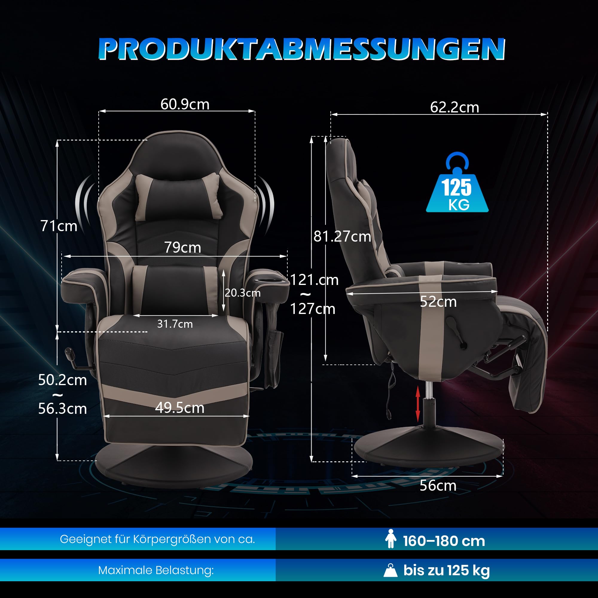 PALLOME Gaming Stuhl mit Massagefunktion, Höhenverstellbarer Gaming Chair mit Ausziehbarer Fußstütze & Getränkehalter, Ergonomischer Bürostuhl mit Kopfstütze, Drehbarer Racing Gamer Chair (Grau) 2