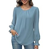 Funlingo Womens Tops Dressy Casual Smocked Long Sleeve Shirts Crew Neck Loose Chiffon Tunics Office Work Blouses