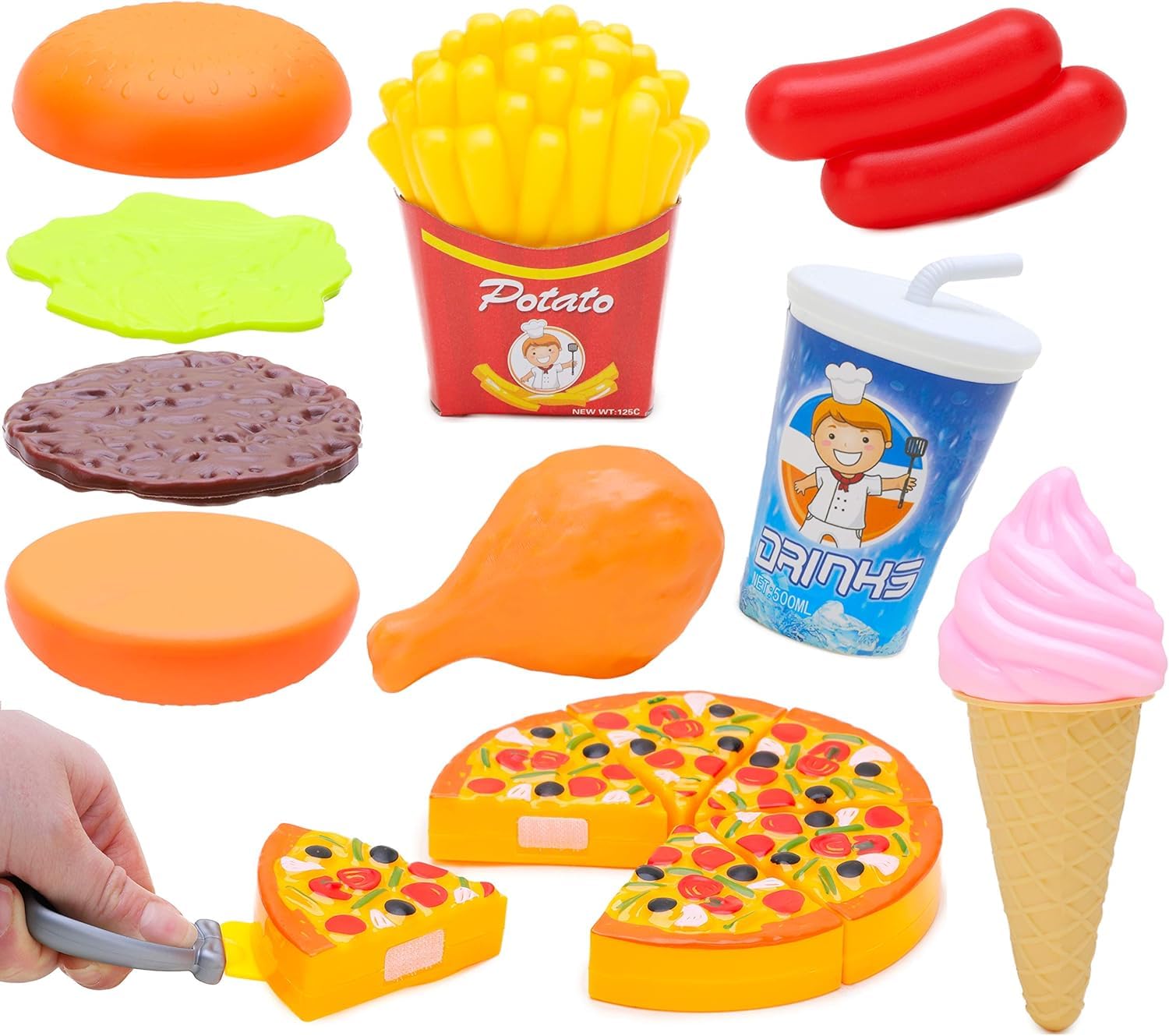 Toyland® 16 Piece Fast Food Play Set – Includes: 6 Pizzas, 1 Pull Apart Cheeseburger, 1 Knife, 1 Chicken, 1 Drink, Fries, 2 Sausages & 1 Ice Cream – Pretend Play Food For Kids