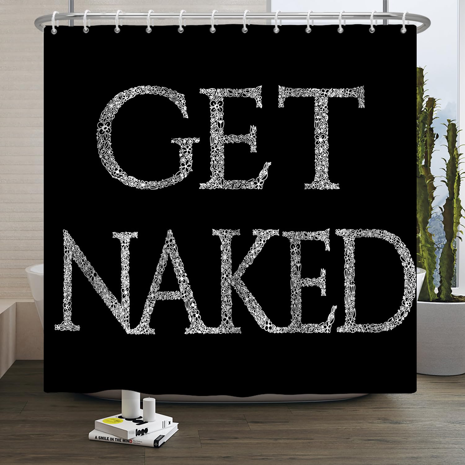 SDOTPMT 72x96 Inches Get Naked Shower Curtain Black Funny Cute Quotes Bath Curtain Decorative Aesthetic Letter Polyester Fabric Artistic Bathroom Curtain with Hooks