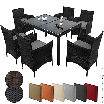 BB Sport 13-teilige Polyrattan Essgruppe für 6 Personen inkl. Auflagen und Bezüge, Farbe:Titan-Schwarz/Kieselstrand
