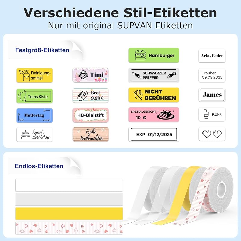 E10 Etikettendrucker, 3 Rollen wasserfeste Endlosetiketten, Schwarz