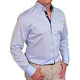 Men's Dress Shirt Blue Firm Collar Wrinkle-Free Premium European Design with Navy Contrast Business Casual Shirts Easy Care