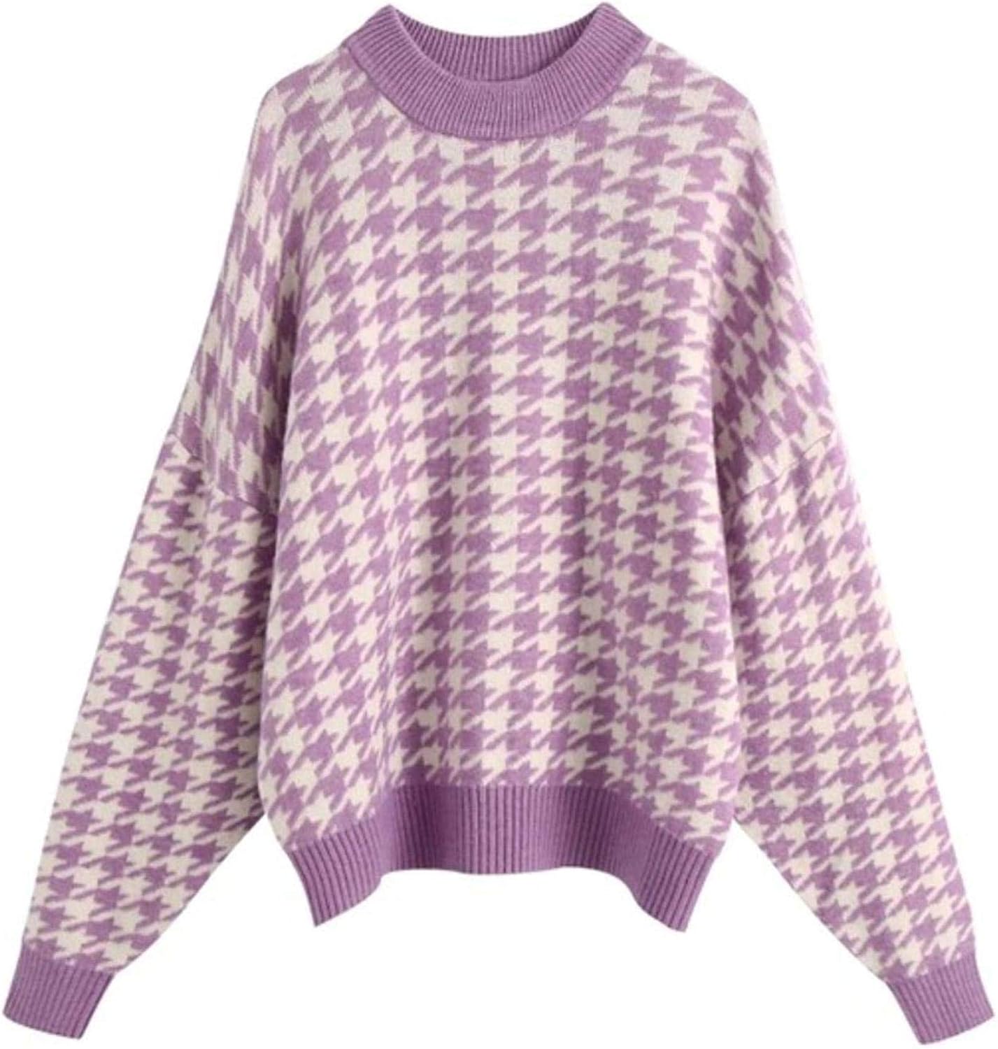 Women Vintage Houndstooth Pattern Pullovers Knitting