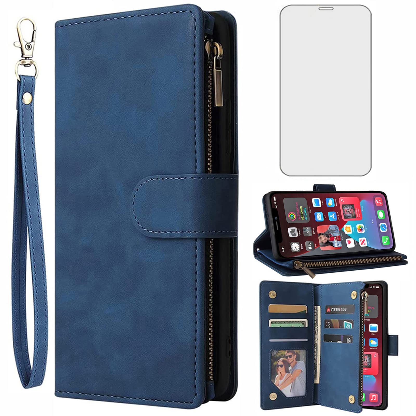 Asuwish Compatible with iPhone Xs X 10 10s Wallet Case Tempered Glass Screen Protector Flip Cover Card Holder Stand Phone Cases for iPhoneX iPhoneXs iPhone10 i PhoneX SX 10x 10xs X’s Women Men Blue