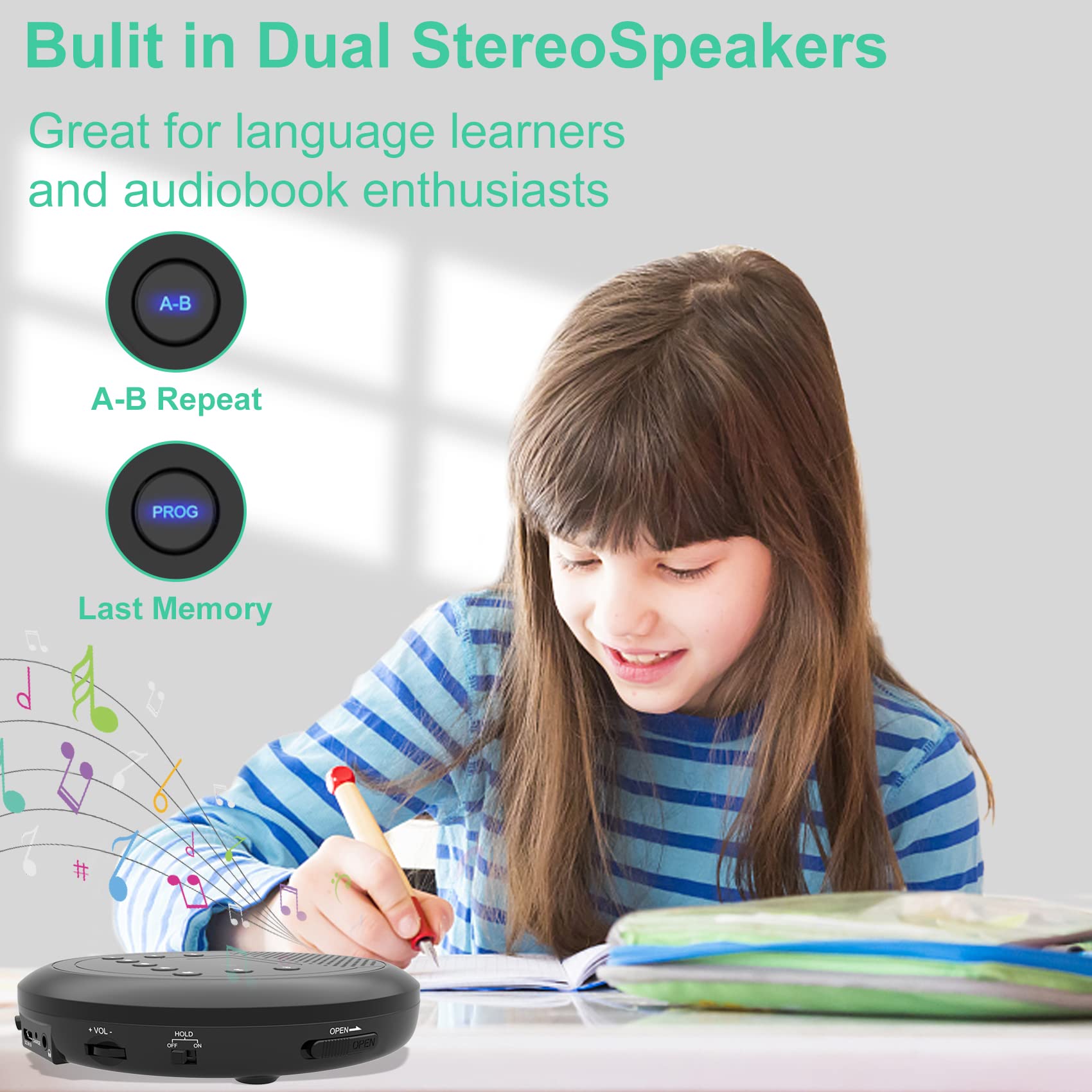 MONODEAL Rechargeable Portable CD Player with Built-in Speakers, CD Player for Car and Personal Use, Anti-Skip Player with Headphones