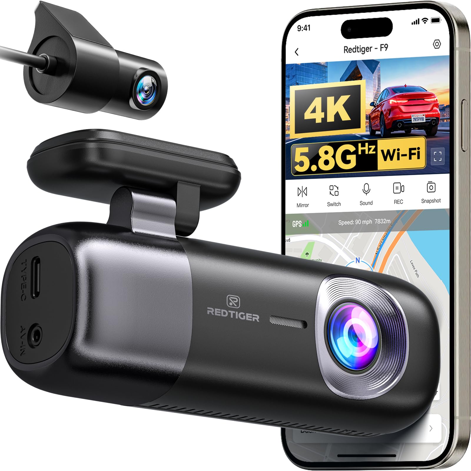 REDTIGER F9 Dash Cam 4K Front and Rear 1080P, 5.8GHz WiFi GPS Car Camera with APP Control, Dual Dash Camera for Cars, Loop Recording, WDR Night Vision, Parking Mode, Support 256GB Max